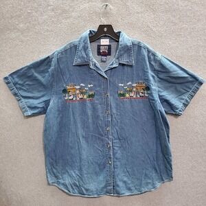 VINTAGE Quizz New‎ York Women Top 20 Blue Denim Noahs Ark Embroidered Button Up